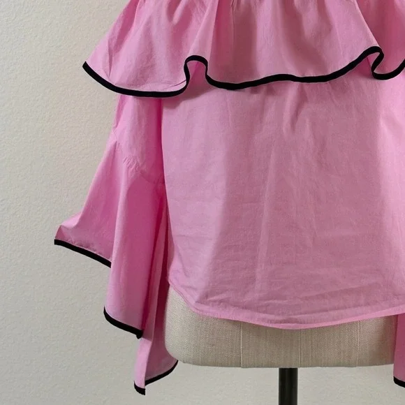 Zara Basic Blouse Sz XS Pink Off Shoulder Ruffle Bell Sleeve Barbiecore Crop Top - Picture 3 of 8